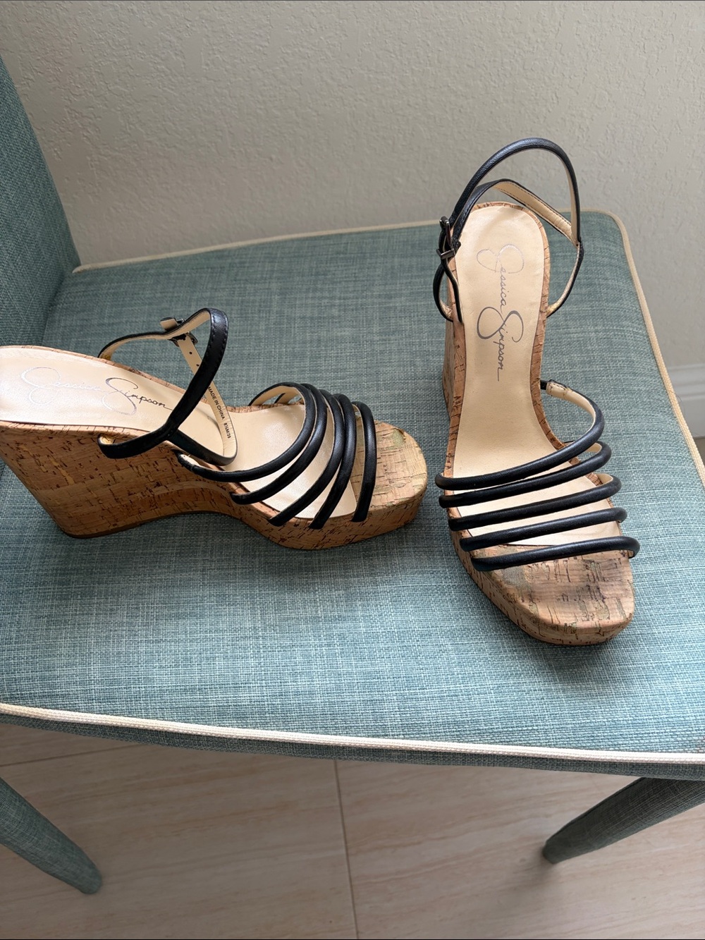 Jessica Simpson Sierah Black Strappy Cork Platform Wedges